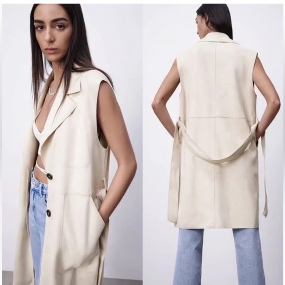 Zara Faux Suede Sleeveless Trench Vest |Dress | Belted Longline Coat, Cream, M